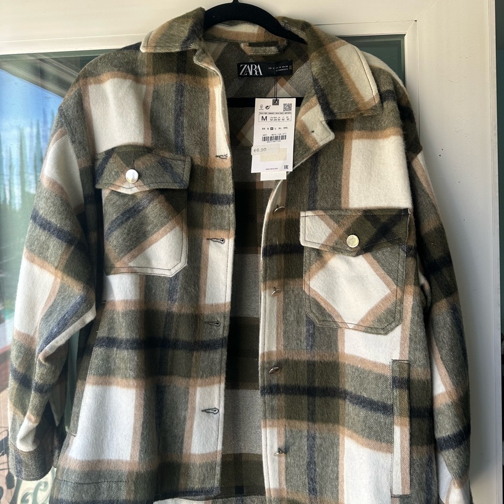 ZARA Men's Plaid Jacket - Green and White